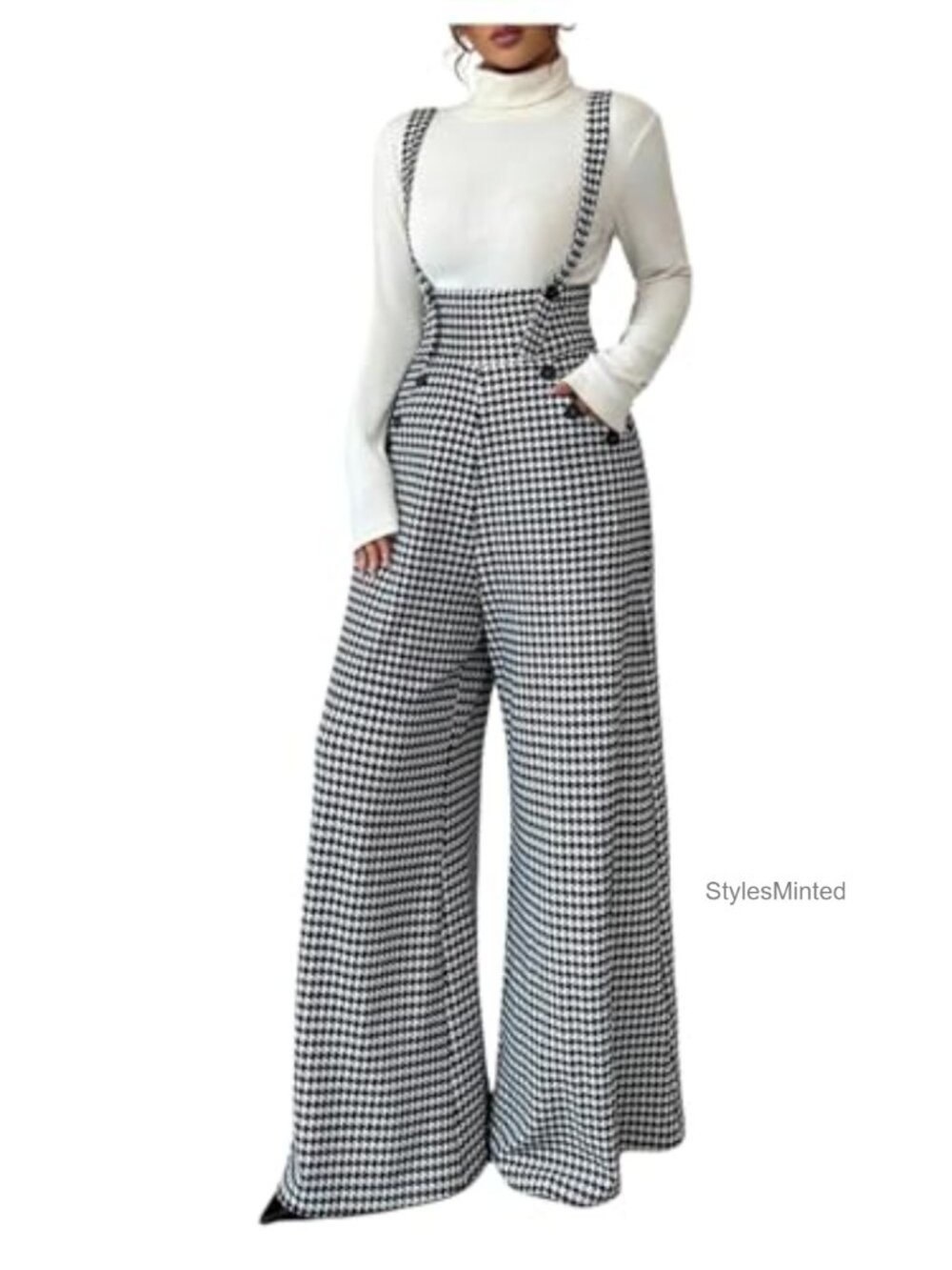 Houndstooth Wide Leg Overalls Jumpsuit Adjustable Straps Pockets Loose Fit